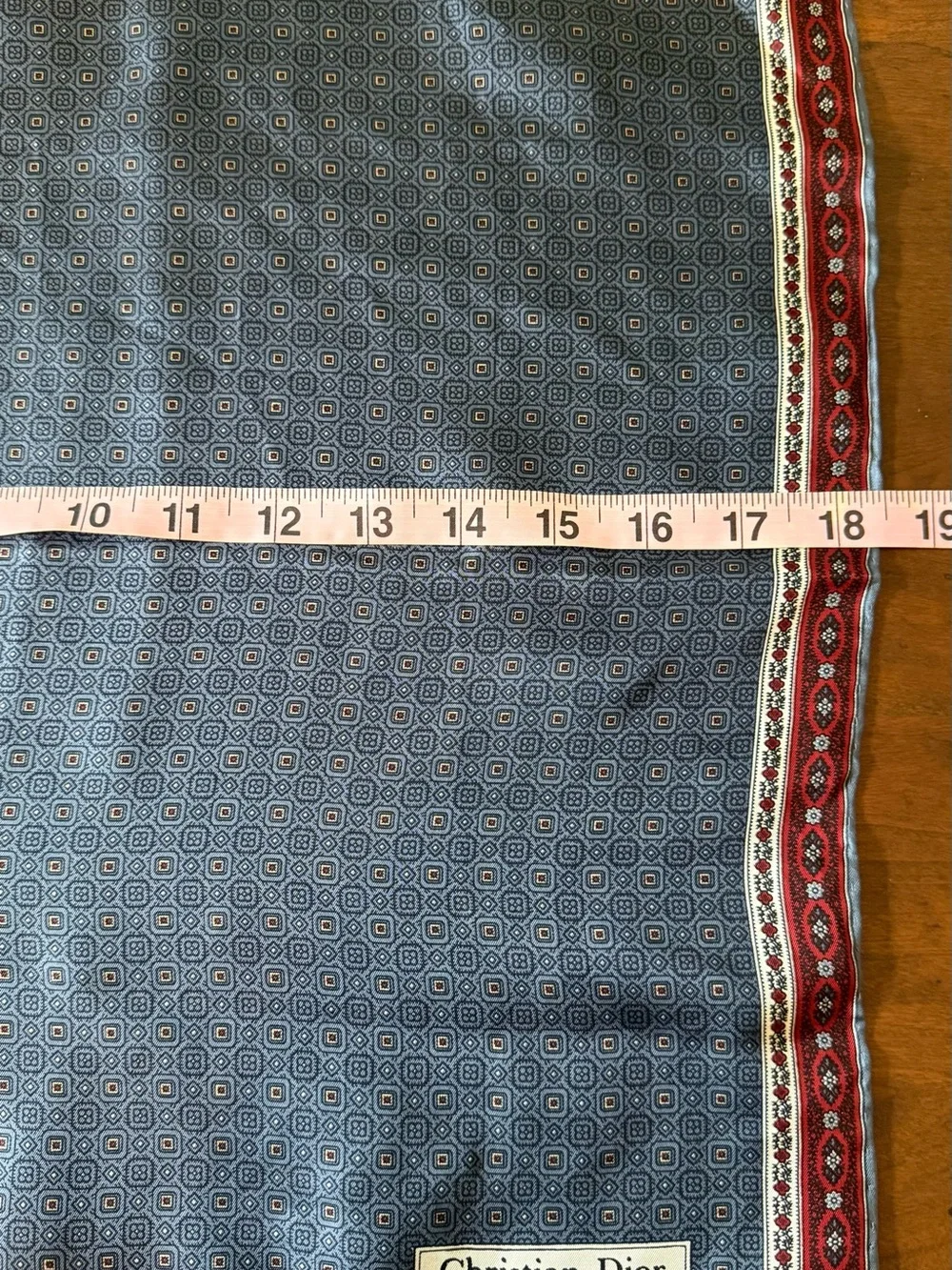 Vintage Dior Blue 100% Silk Scarf with Red Accent